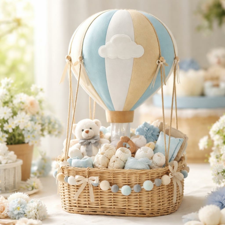 Panier-cadeau Montgolfière pour Baby Shower — DIY élégant et facile